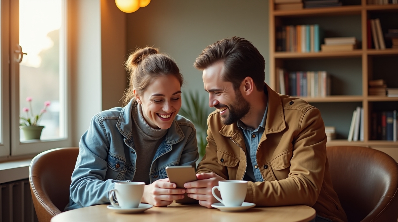 Un couple discute autour d'un café en terrasse lors d'un premier rendez-vous après une rencontre en ligne
